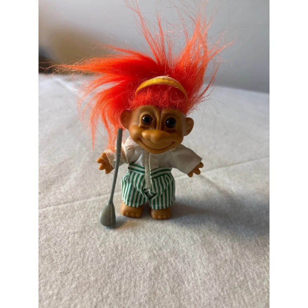 Vintage Troll Doll Golfer Orange Hair Green Striped Pants Golf Club Toy